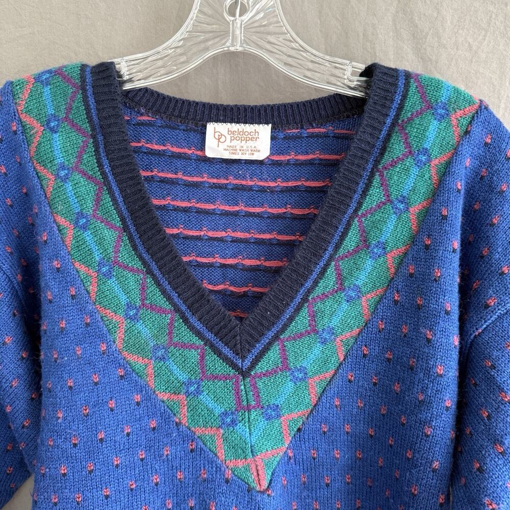 Vintage 80s Beldoch‎ Popper Women’s V-Neck Sweater Blue Green Geometric Size M - Picture 2 of 12